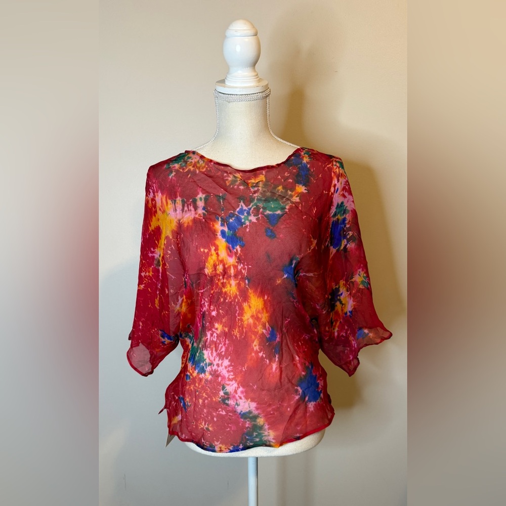 Vian Hunter Kimono Top Red Tie Dye Silk Chiffon Sz S